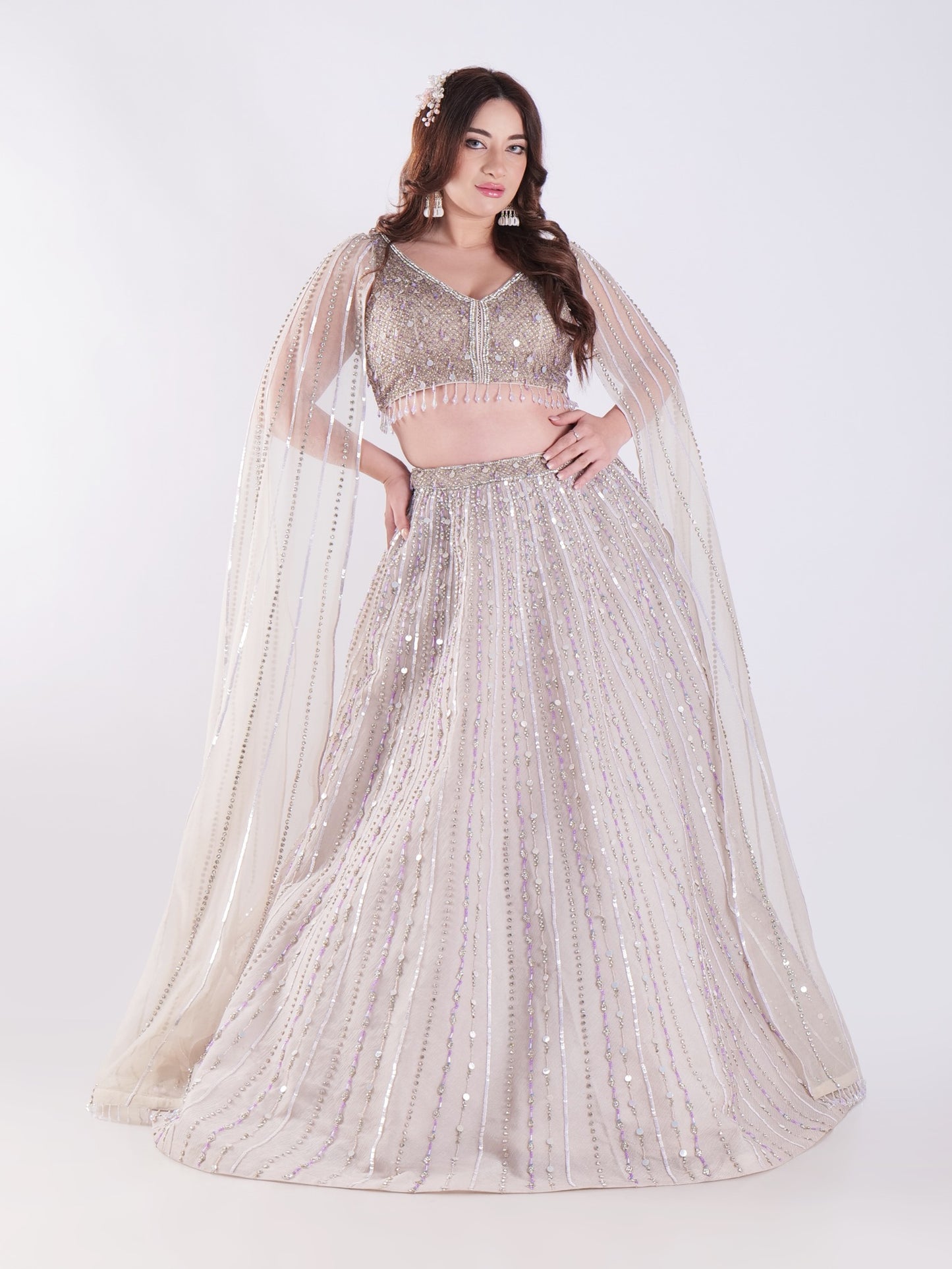 Ivory Sequin Lehenga Set with Sheer Cape Sleeves