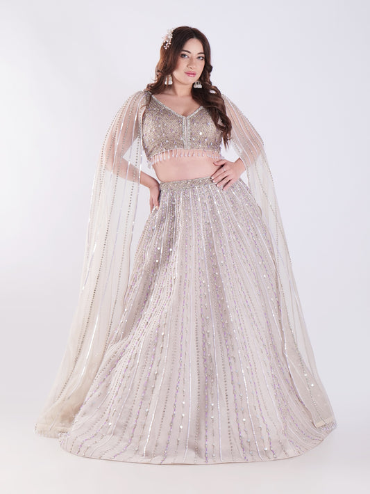 Ivory Sequin Lehenga Set with Sheer Cape Sleeves