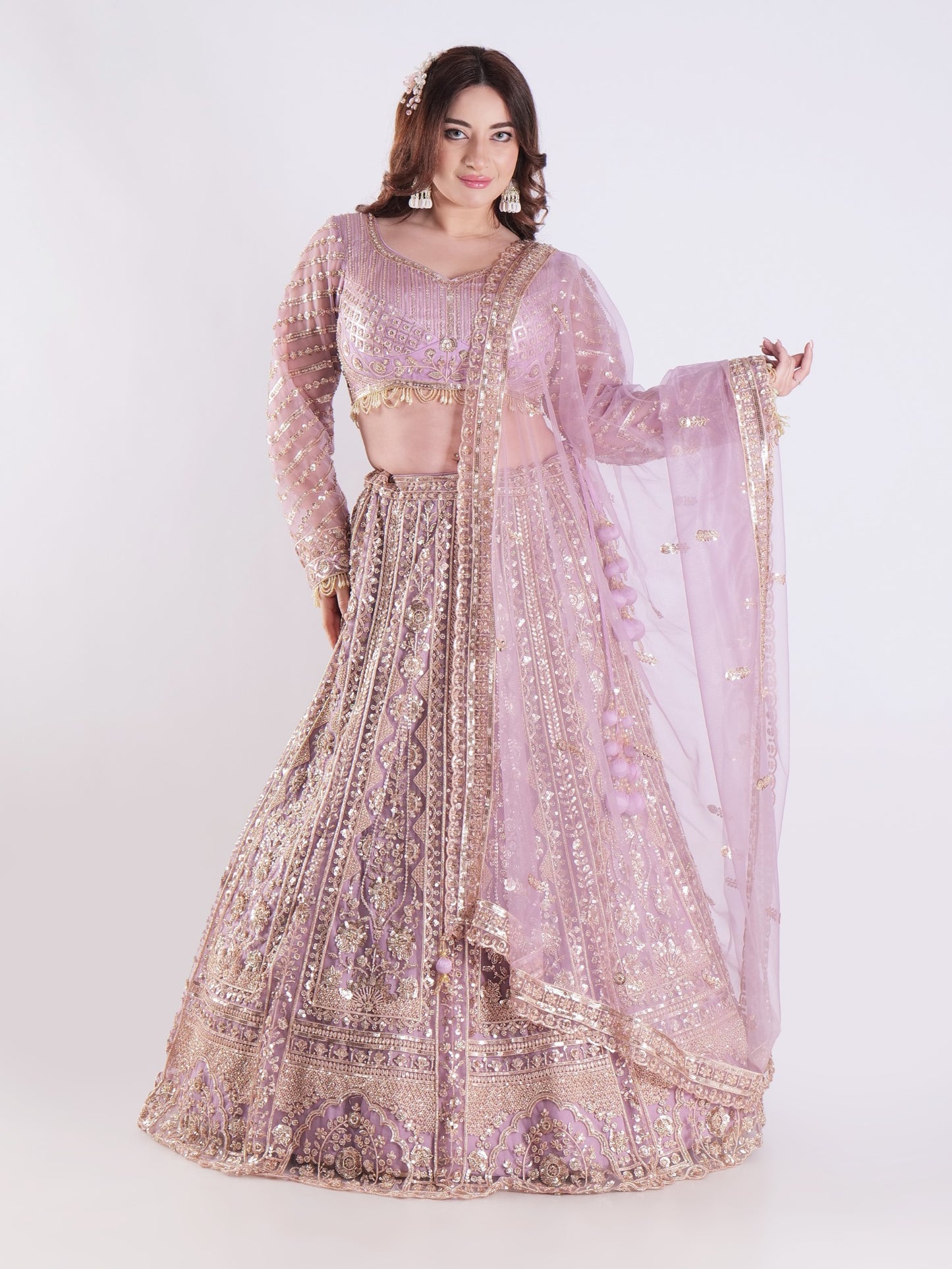 Lavender Embroidered Bridal Lehenga Set with Mirror & Sequin Detailing