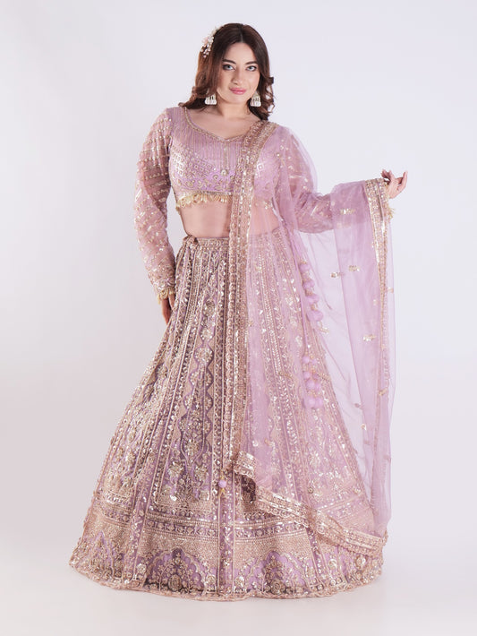 Lavender Embroidered Bridal Lehenga Set with Mirror & Sequin Detailing